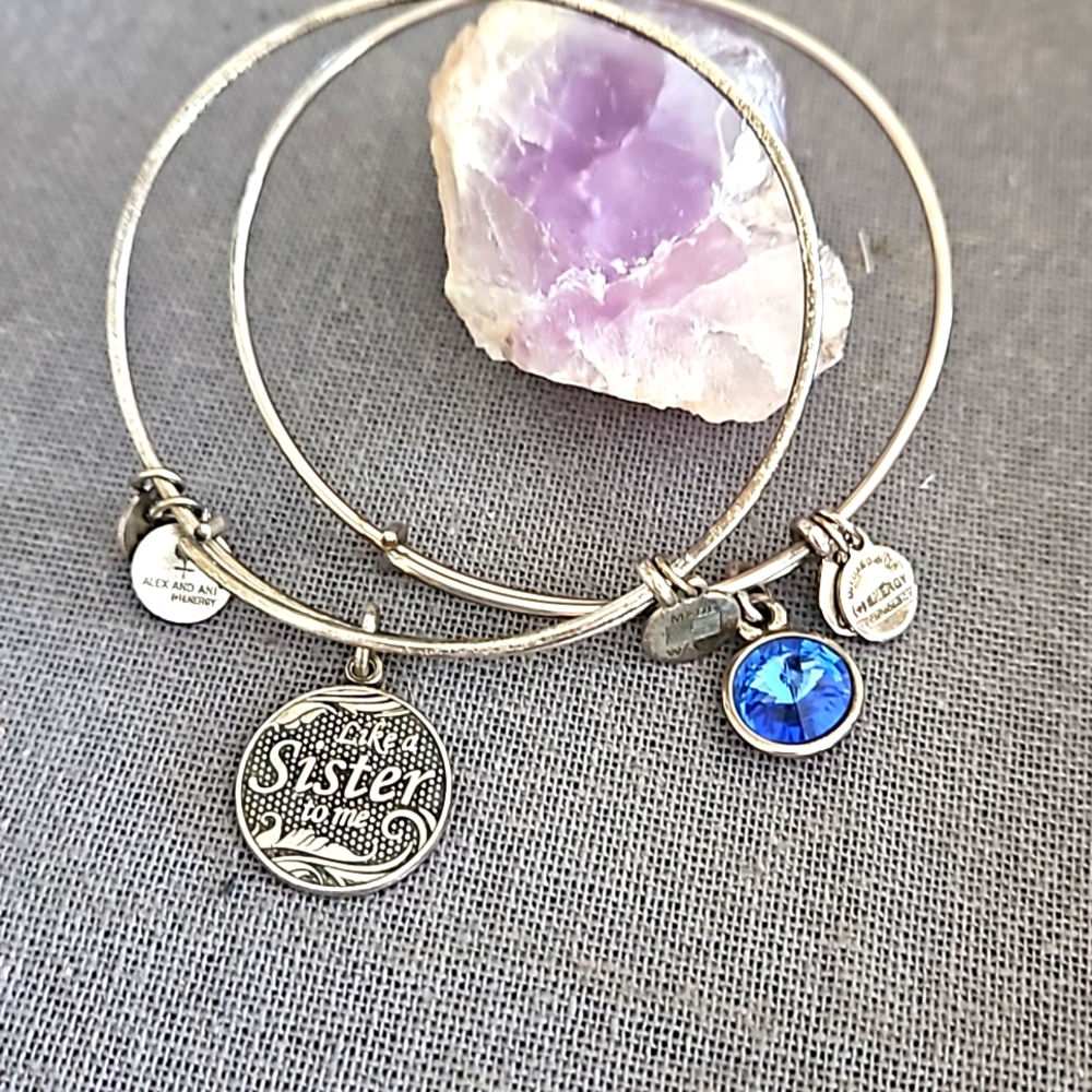 Pair of Alex & Ani bangle bracelets Like a Sister & Blue stone silver EUC